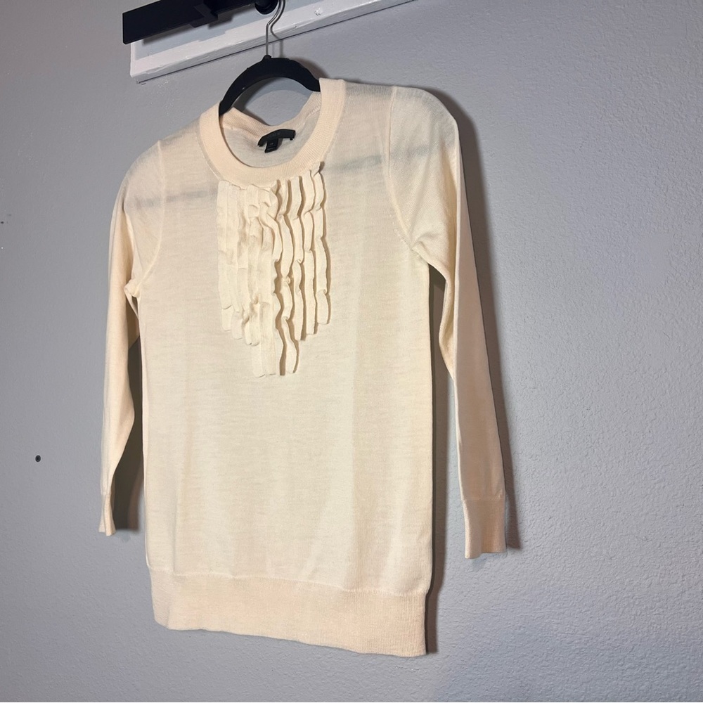 J. Crew Ruffle Front Sweater Crewneck Merino Wool Cream Size XS